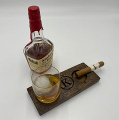 Rocks Glass Coaster With Cigar Ashtray - Made From Reclaimed Whiskey Barrel - With Personalization