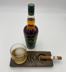 Rocks Glass Coaster With Cigar Ashtray - Made From Reclaimed Whiskey Barrel - With Personalization