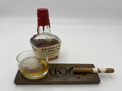 Rocks Glass Coaster With Cigar Ashtray - Made From Reclaimed Whiskey Barrel - With Personalization