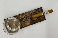 Rocks Glass Coaster With Cigar Ashtray - Made From Reclaimed Whiskey Barrel - With Personalization