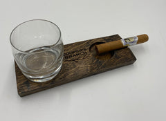 Rocks Glass Coaster With Cigar Ashtray - Made From Reclaimed Whiskey Barrel - With Personalization