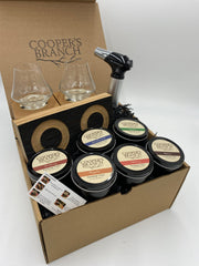 Smoked Cocktail Gift Set with Double Smoking Tray, Smoking Chips, Whiskey/Rocks Glasses & Torch | Made from Authentic Whiskey Barrel Stave