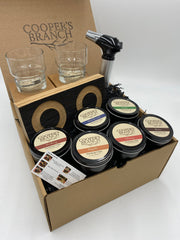 Smoked Cocktail Gift Set with Double Smoking Tray, Smoking Chips, Whiskey/Rocks Glasses & Torch | Made from Authentic Whiskey Barrel Stave
