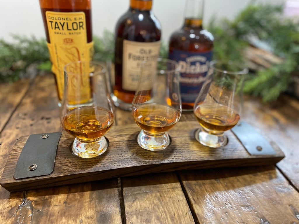 Glencairn Whiskey Flight Tray, Made from a Whiskey Barrel Stave - 3 Glass | Personalization Available