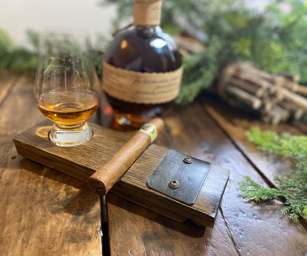 Whiskey Barrel Cigar Holder and Coaster - with Tasting Glass