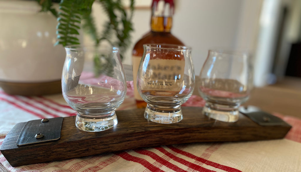 Kentucky Bourbon Trail Flight Tray, Made from an Authentic Whiskey/Bourbon Barrel Stave - 3 Glass