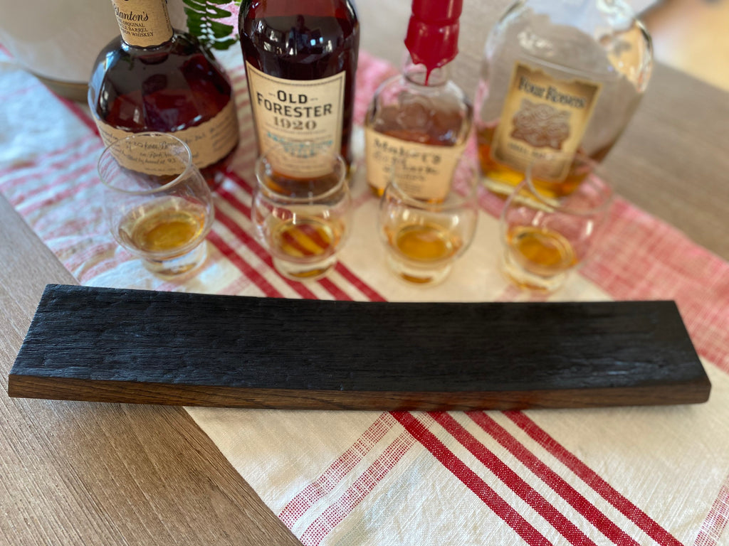 Kentucky Bourbon Trail Flight Tray, Made from an Authentic Whiskey/Bourbon Barrel Stave - 4 Glass