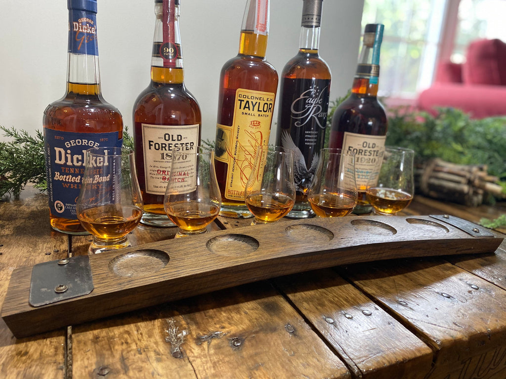Glencairn Whiskey Flight Tray, Made from a Whiskey Barrel Stave - 5 Glass