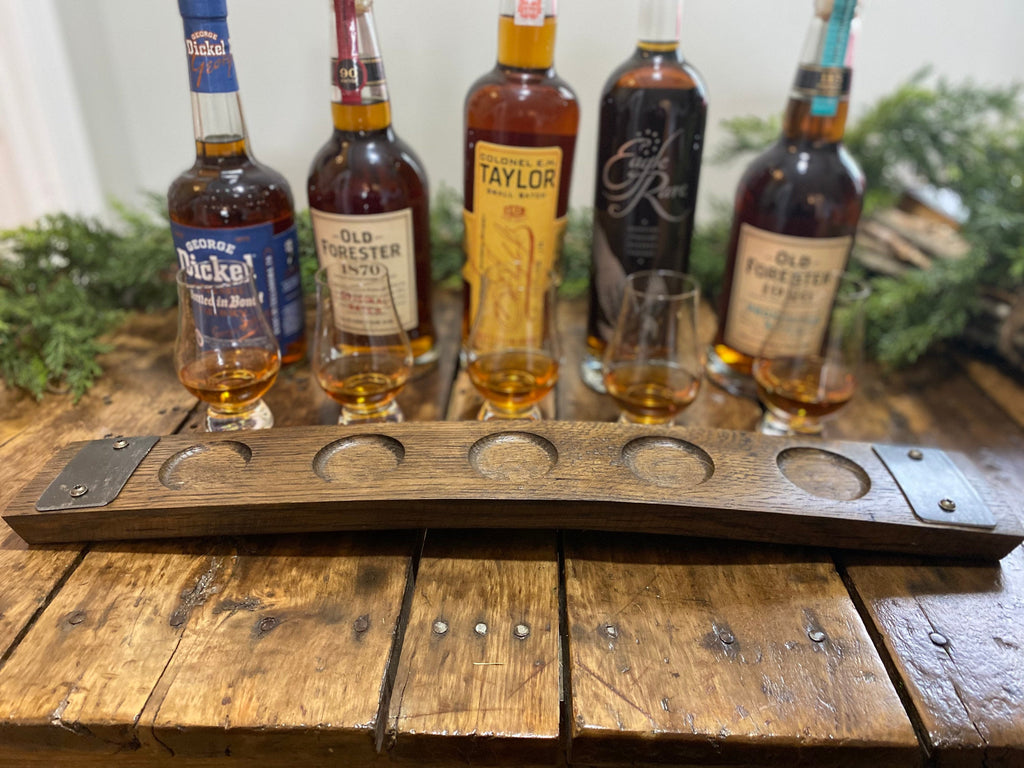 Glencairn Whiskey Flight Tray, Made from a Whiskey Barrel Stave - 5 Glass