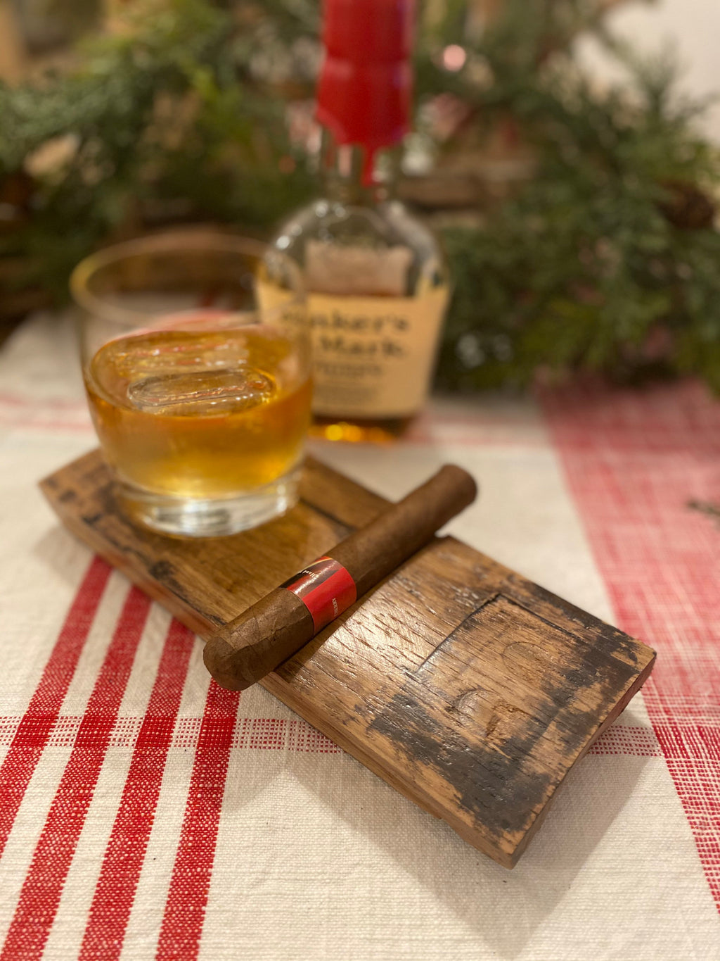 Personalized Whiskey Barrel Cigar and Rocks Glass Coaster/Tray - Includes 9 Ounce Rocks Glass