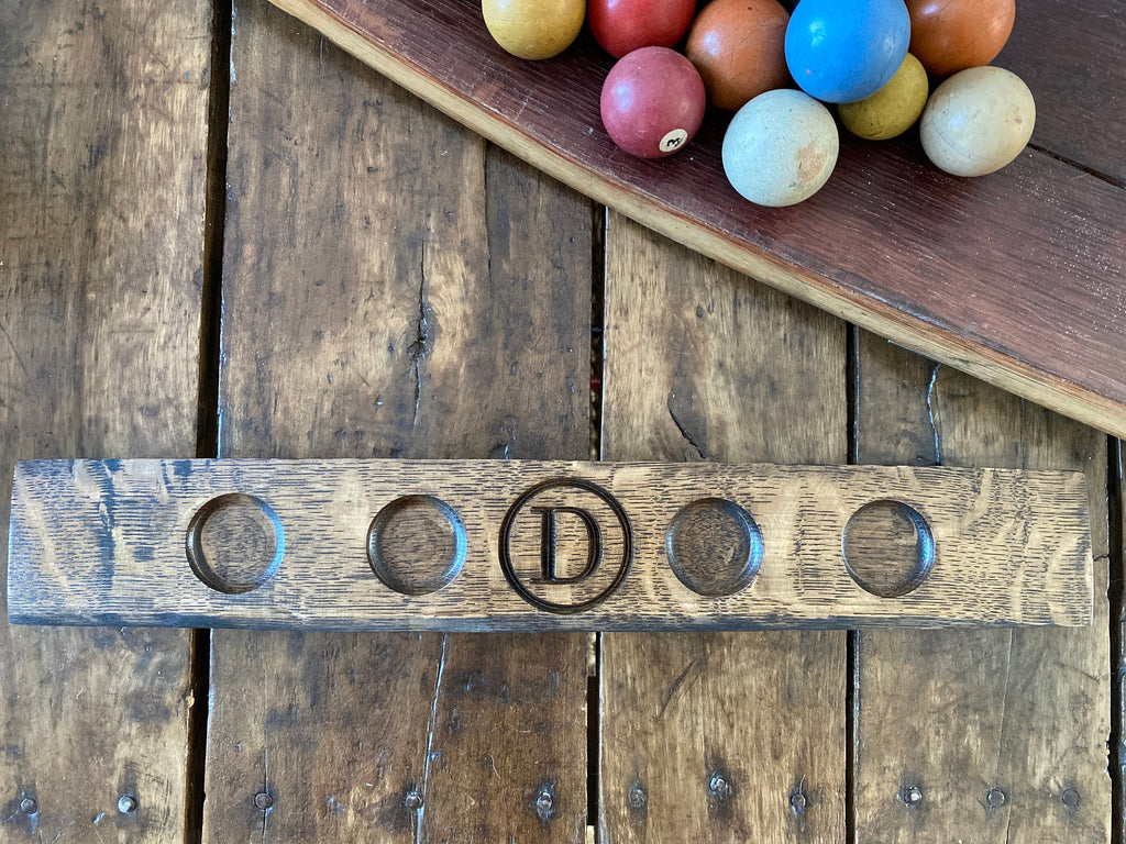 Personalized Shot Glass Flight Tray - Made from an Authentic Whiskey Barrel Stave