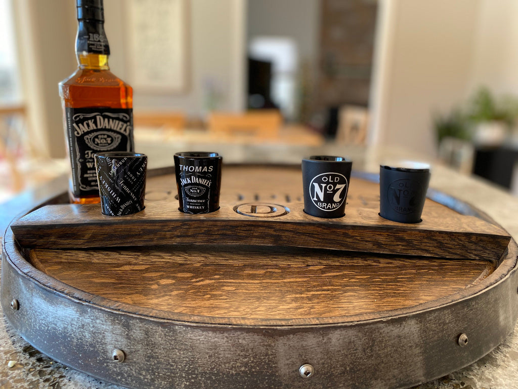 Personalized Shot Glass Flight Tray - Made from an Authentic Whiskey Barrel Stave