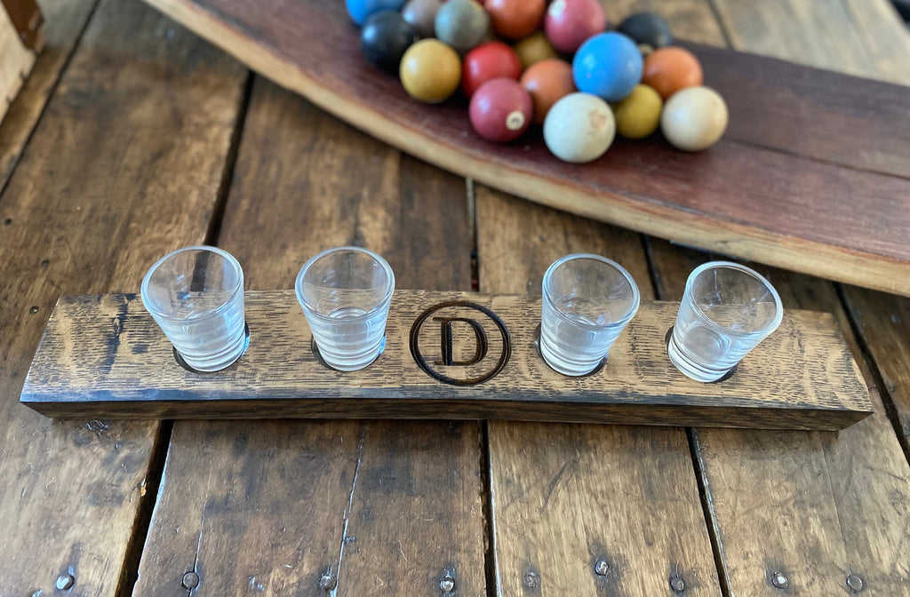 Personalized Shot Glass Flight Tray - Made from an Authentic Whiskey Barrel Stave