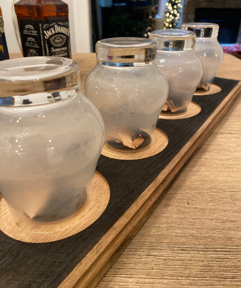 Smoked Cocktail Smoking Tray made from Authentic Whiskey Barrel Head with Whiskey Glasses and Smoking Chips || Unique Piece