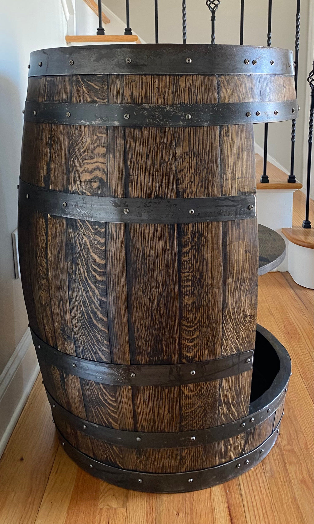 Whiskey Barrel Liquor Cabinet | Handcrafted from an Authentic Whiskey Barrel | Personalization Available