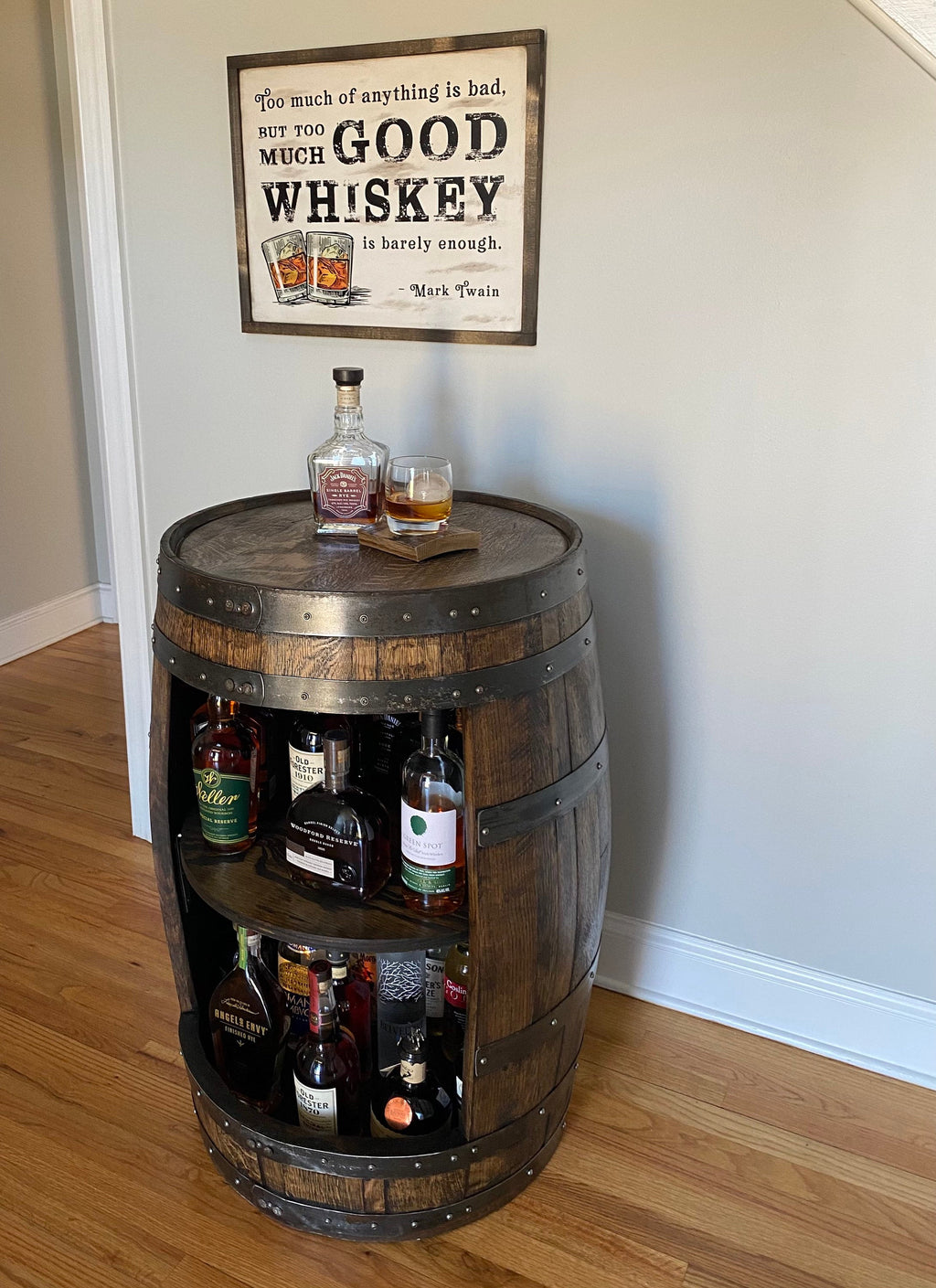 Whiskey Barrel Liquor Cabinet | Handcrafted from an Authentic Whiskey Barrel | Personalization Available