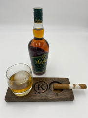 Rocks Glass Coaster With Cigar Ashtray - Made From Reclaimed Whiskey Barrel - With Personalization