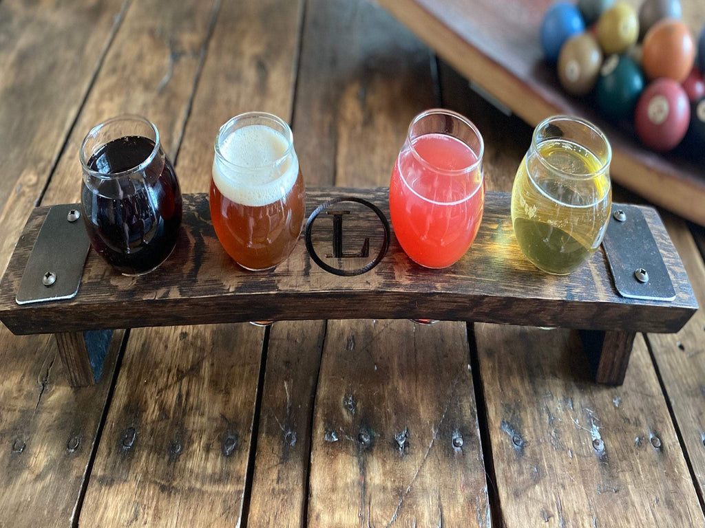 Personalized Beer Flight Made From Authentic Whiskey Barrel Stave - Glasses Included