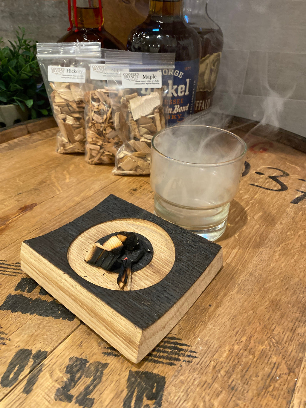 Smoked Cocktail Kit - Made From Authentic Whiskey Barrel Stave -  Includes Hickory, Maple and Apple Smoking Chips