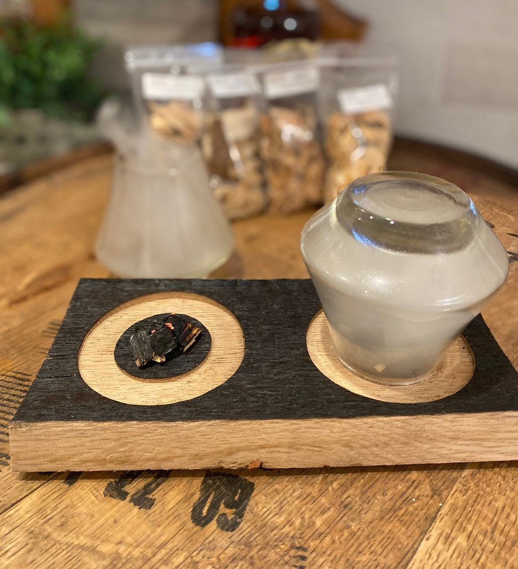 Double Smoking Tray made from Authentic Whiskey Barrel Stave, with Whiskey Glasses and Smoking Chips