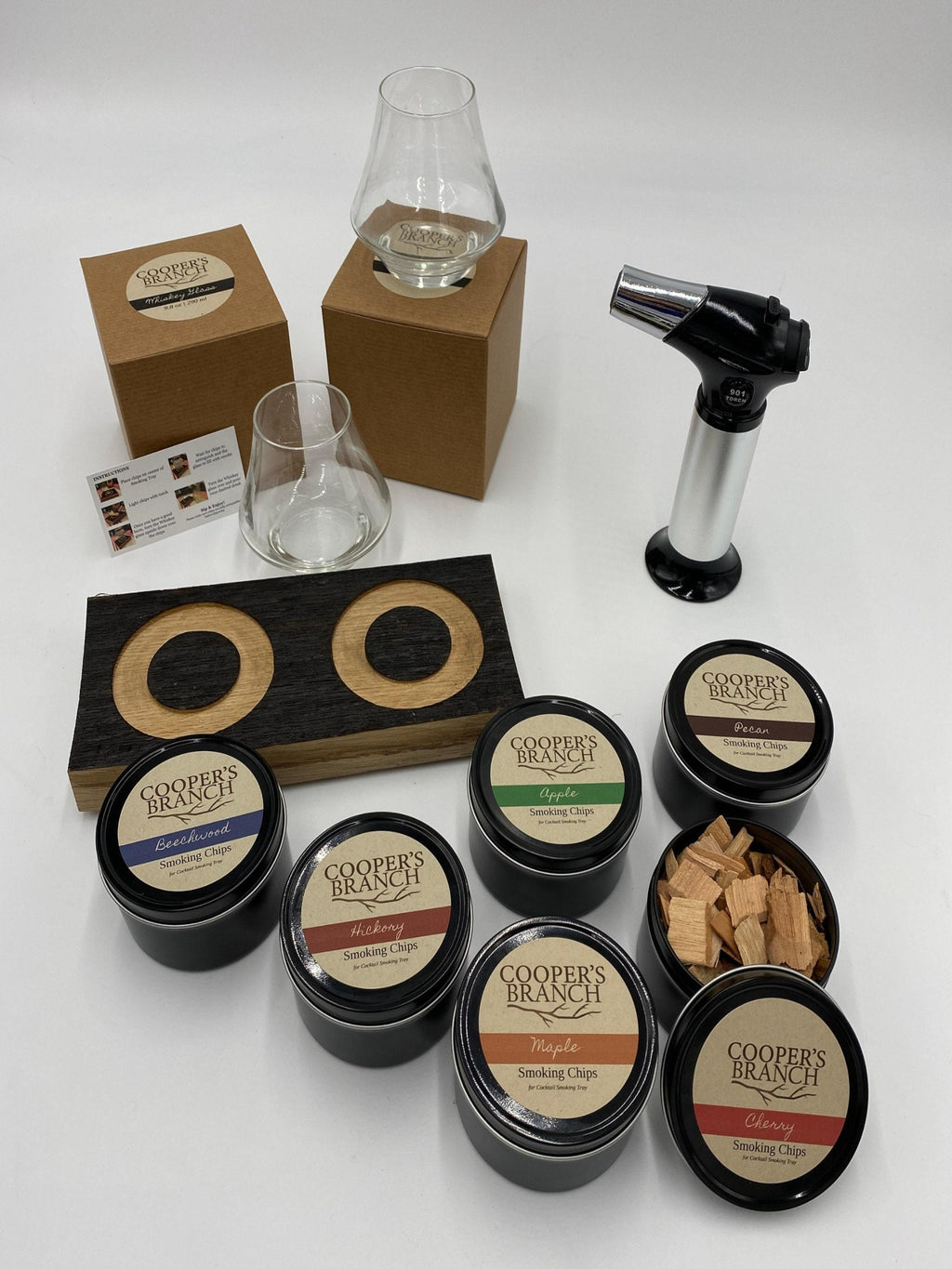 Smoked Cocktail Gift Set with Double Smoking Tray, Smoking Chips, Whiskey/Rocks Glasses & Torch | Made from Authentic Whiskey Barrel Stave