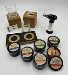 Smoked Cocktail Gift Set with Double Smoking Tray, Smoking Chips, Whiskey/Rocks Glasses & Torch | Made from Authentic Whiskey Barrel Stave