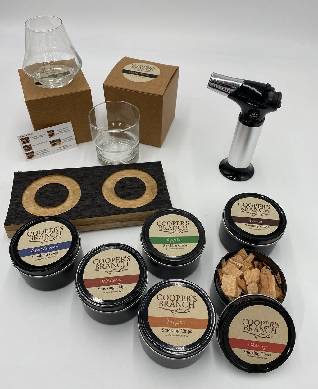 Smoked Cocktail Gift Set with Double Smoking Tray, Smoking Chips, Whiskey/Rocks Glasses & Torch | Made from Authentic Whiskey Barrel Stave